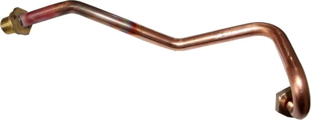 Kupferrohr mit zwei Gewindeanschlüssen, verwendet in Gasinstallationen. Zugeordnet zur Marke Wolf. Geformt und gebogen für spezifische Leitungsführungen.